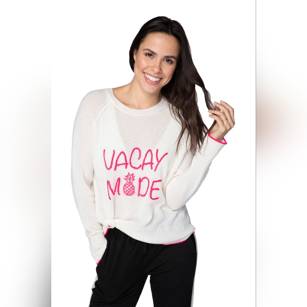 Golden Sun 100% Cashmere Crewneck Vacay Mode Embroidery Stitch Sweater